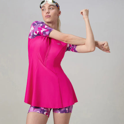 SPEEDO AF Printed Closeback Short Sleeve Swimdress With Boyleg