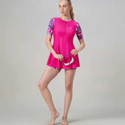 SPEEDO AF Printed Closeback Short Sleeve Swimdress With Boyleg