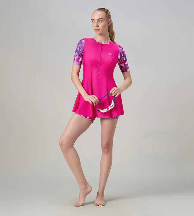 SPEEDO AF Printed Closeback Short Sleeve Swimdress With Boyleg