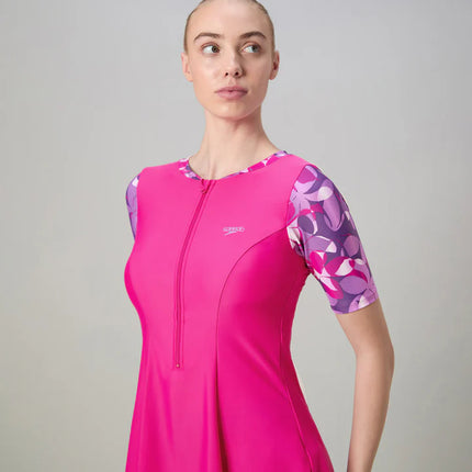 SPEEDO AF Printed Closeback Short Sleeve Swimdress With Boyleg